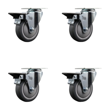 Service Caster 4'' Thermo Rubber Wheel Swivel Top Plate Caster Set with Posi Brake, 4PK SCC-20S414-TPRB-PLB-4